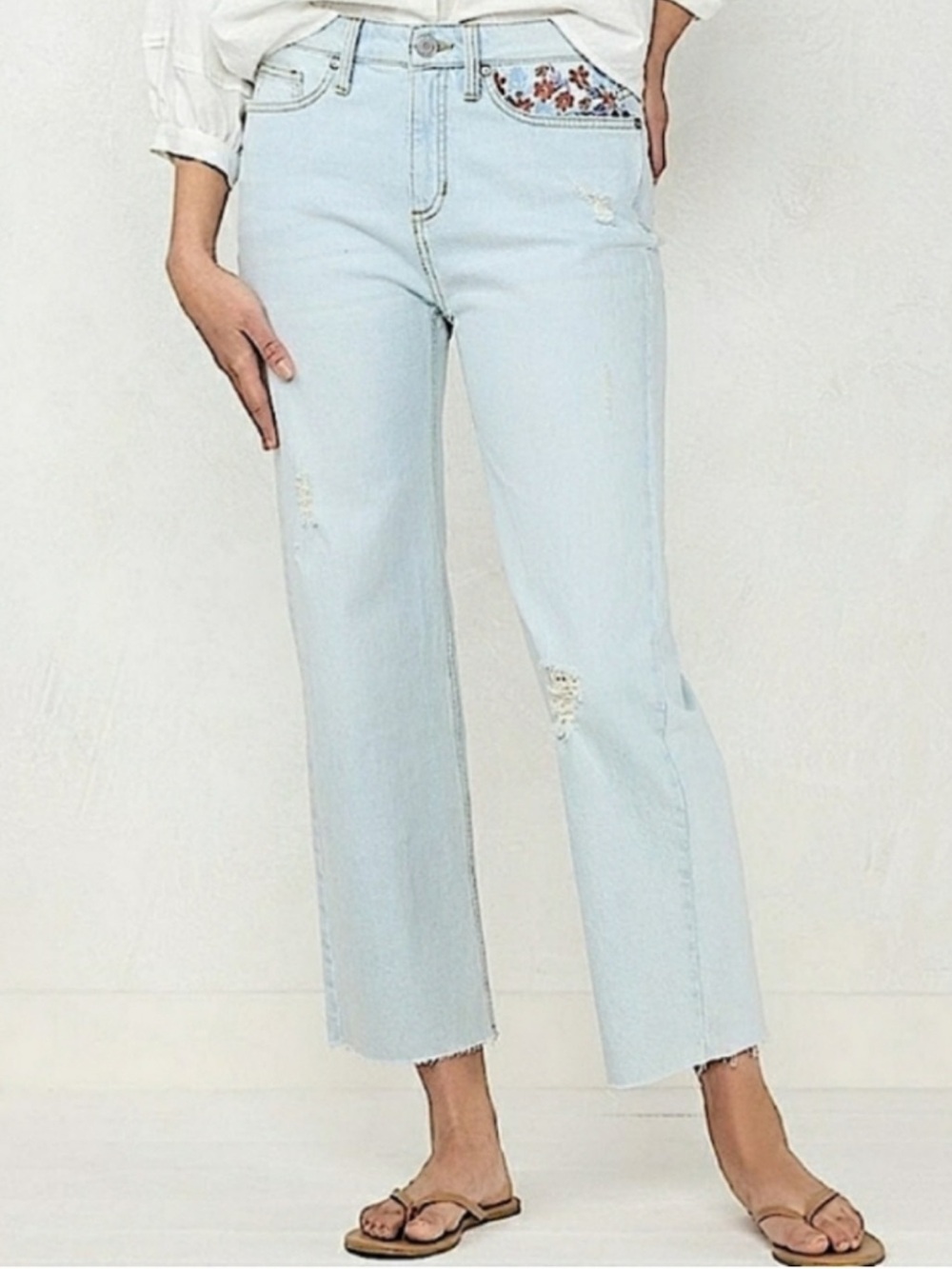 LC Lauren Conrad super high rise crop jean floral embroidered distressed SIZE 8